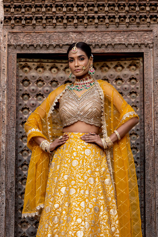 Mango Gold Georgette Lehenga Set With Readymade Blouse