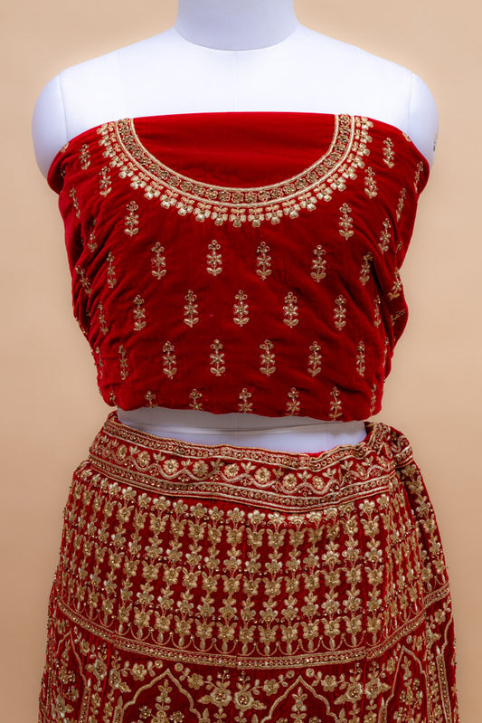 Maroon  Velvet Lehenga Set With Net Dupatta