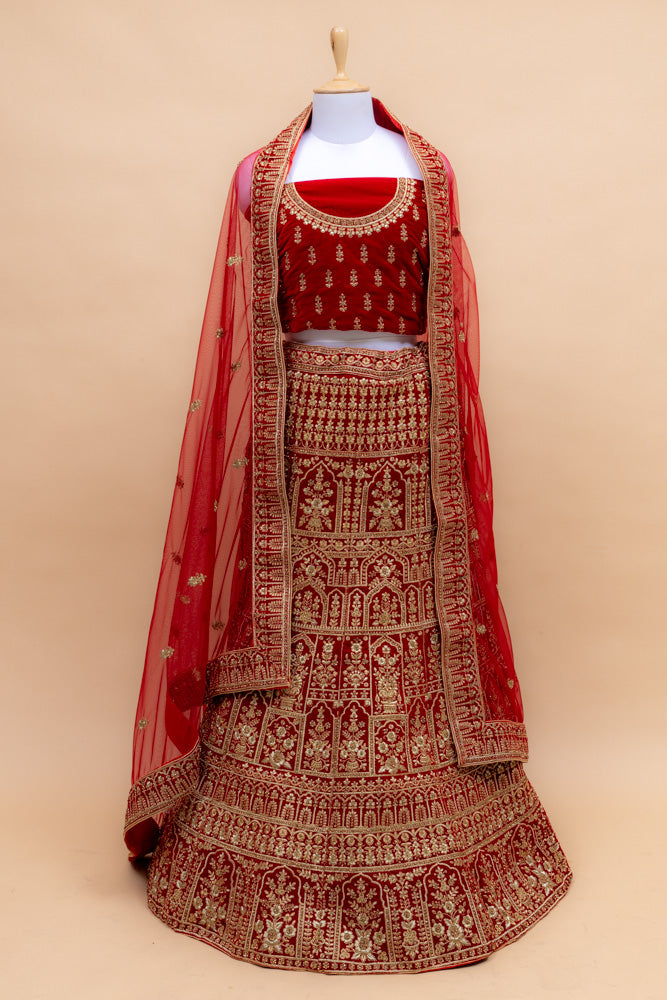 Maroon  Velvet Lehenga Set With Net Dupatta