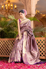 Magenta South Indian Silk Woven Zari Saree With Unstitched Blouse