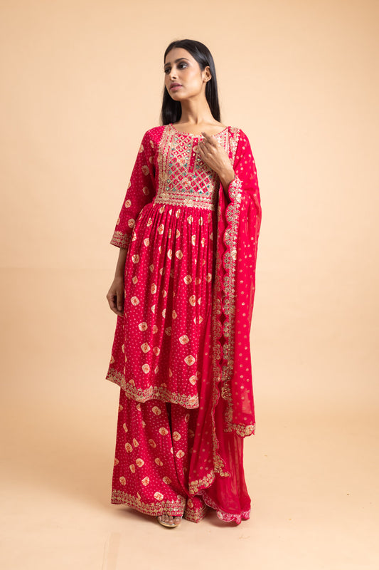 Rani Cotton Kurti And Sharara With Chiffon Dupatta