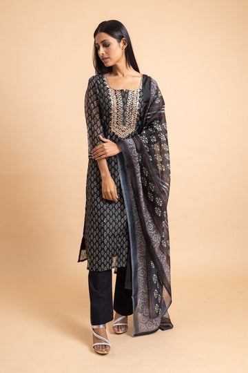 Black Organza Readymade Suit And Pant With Chanderi Cotton Dupatta