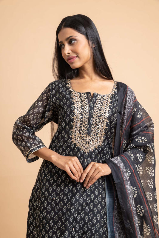 Black Organza Kurti And Pant With Chanderi Cotton Dupatta