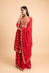 Red Cotton Readymade Sharara Set With Chiffon Dupatta