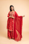 Red Cotton Readymade Sharara Set With Chiffon Dupatta