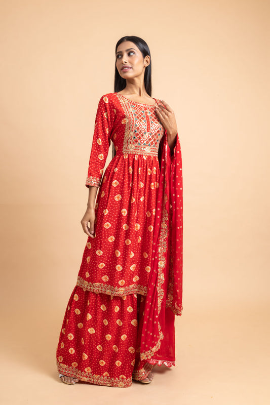 Red Cotton Readymade Sharara Set With Chiffon Dupatta