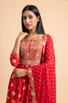 Red Cotton Readymade Sharara Set With Chiffon Dupatta