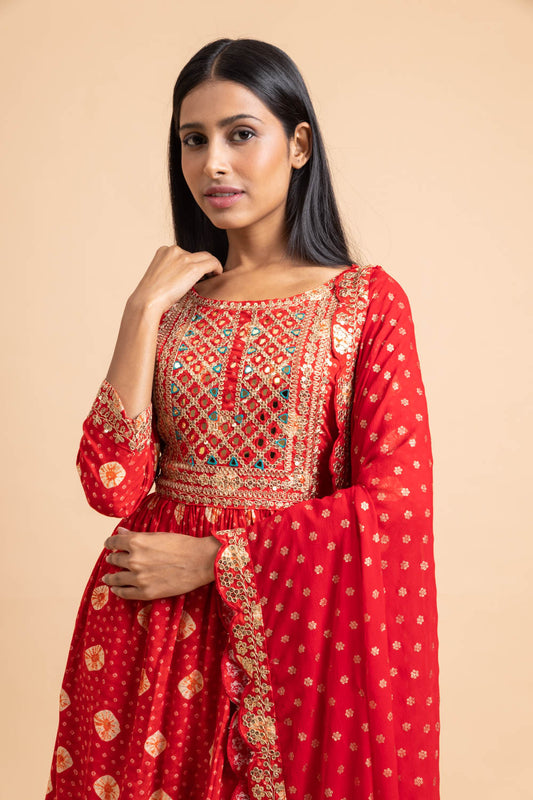 Red Cotton Readymade Sharara Set With Chiffon Dupatta