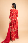 Red Cotton Readymade Sharara Set With Chiffon Dupatta