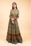 Olive Floral Printed Cotton Readymade Floor Length Kurta