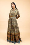 Olive Floral Printed Cotton Readymade Floor Length Kurta