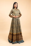 Olive Floral Printed Cotton Readymade Floor Length Kurta