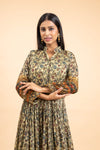 Olive Floral Printed Cotton Readymade Floor Length Kurta