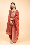 Maroon Organza Readymade Suit And Pant With Chanderi Cotton Dupatta