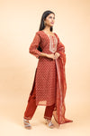 Maroon Organza Readymade Suit And Pant With Chanderi Cotton Dupatta