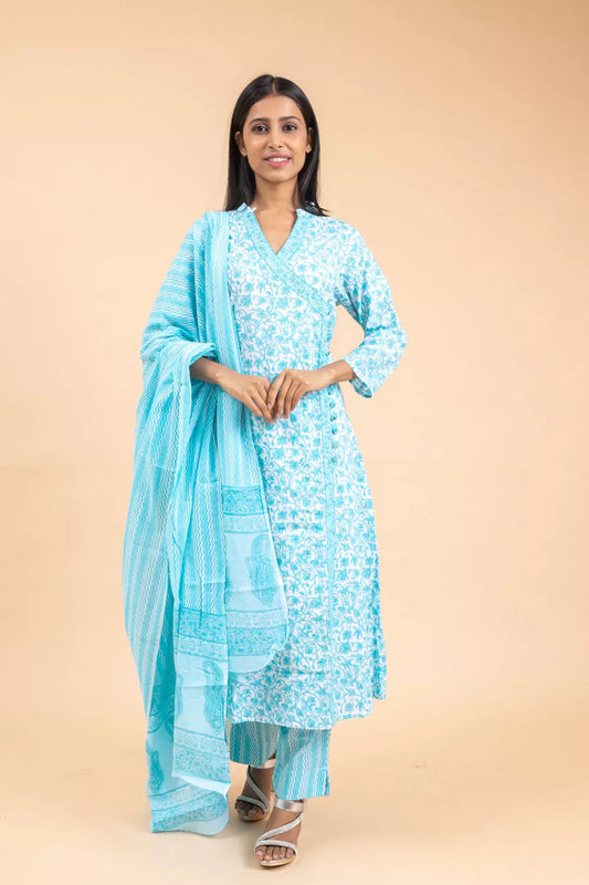 Firozi Cotton Readymade Suit And Pant With Cotton Dupatta