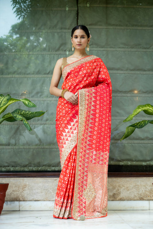 Red Banarasi Woven Zari Saree With Unstitched blouse