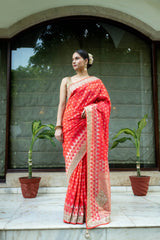 Red Banarasi Woven Zari Saree With Unstitched blouse