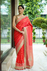 Red Banarasi Woven Zari Saree With Unstitched blouse