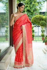 Red Banarasi Woven Zari Saree With Unstitched blouse