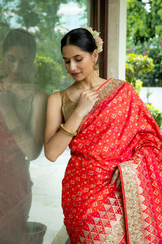 Red Banarasi Woven Zari Saree With Unstitched blouse