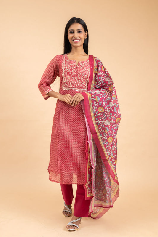 Rani Chanderi Cotton Kurti And Pant With Dupatta