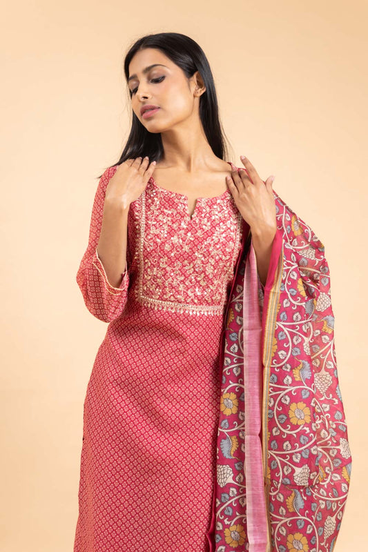 Rani Chanderi Cotton Kurti And Pant With Dupatta