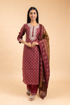 Maroon Cotton Readymade Suit And Pant With Muslin Dupatta