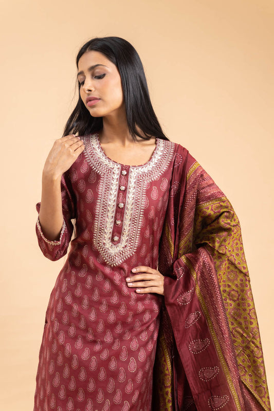 Maroon Cotton Readymade Suit And Pant With Muslin Dupatta