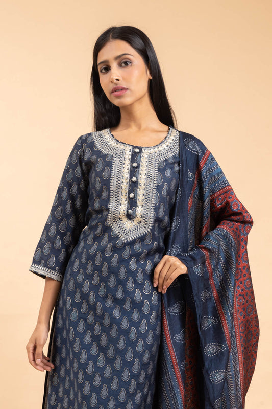 Grey Cotton Readymade Suit And Pant With Muslin Dupatta