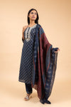 Grey Cotton Readymade Suit And Pant With Muslin Dupatta