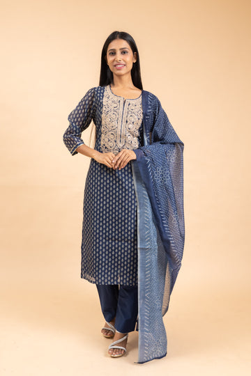 Indigo Blue Organza Readymade Suit And Pant With Chanderi Cotton Dupatta