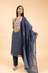 Indigo Blue Organza Readymade Suit And Pant With Chanderi Cotton Dupatta