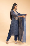 Indigo Blue Organza Readymade Suit And Pant With Chanderi Cotton Dupatta