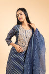 Indigo Blue Organza Readymade Suit And Pant With Chanderi Cotton Dupatta