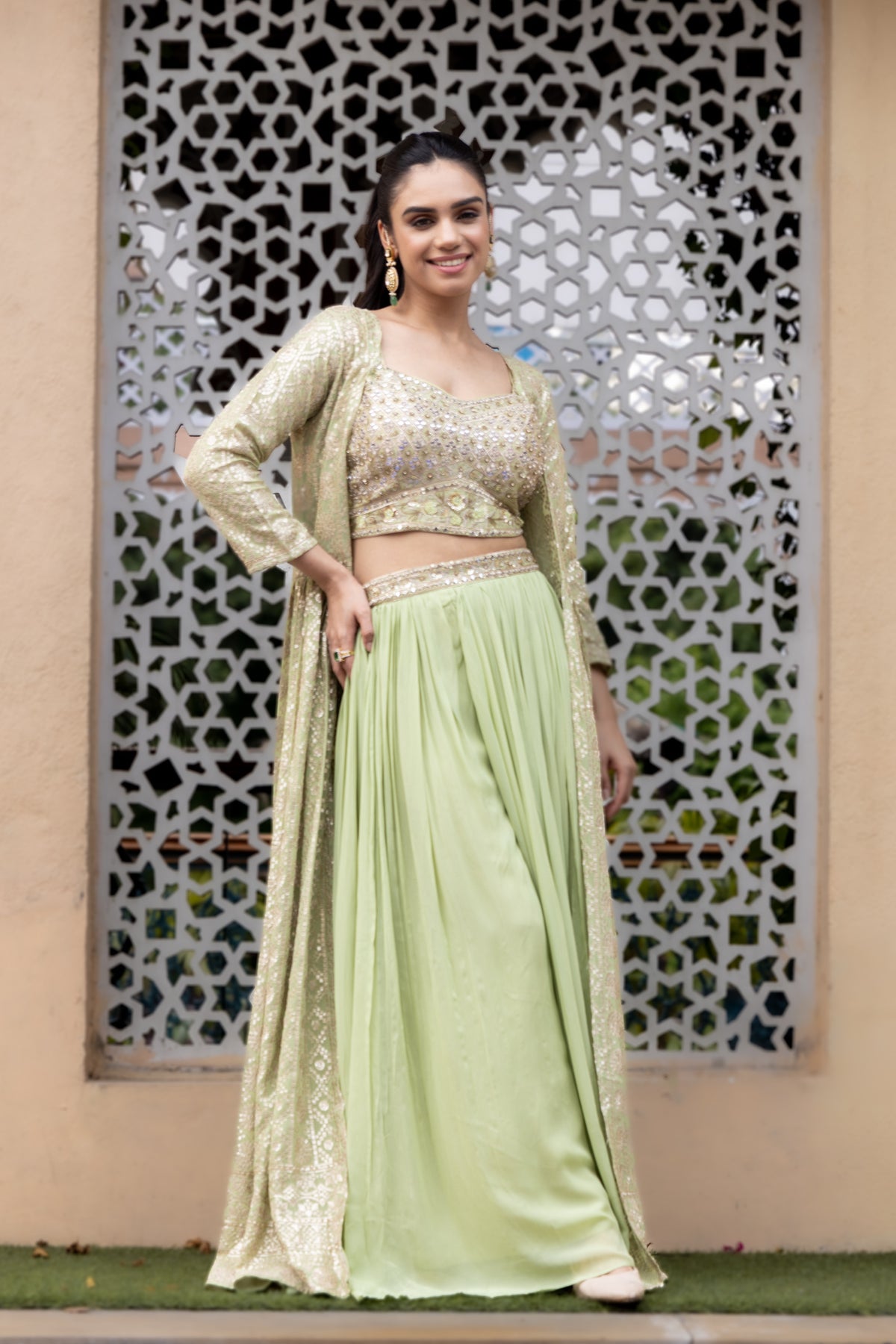 Georgette Short Top Sharara Set With Shrug