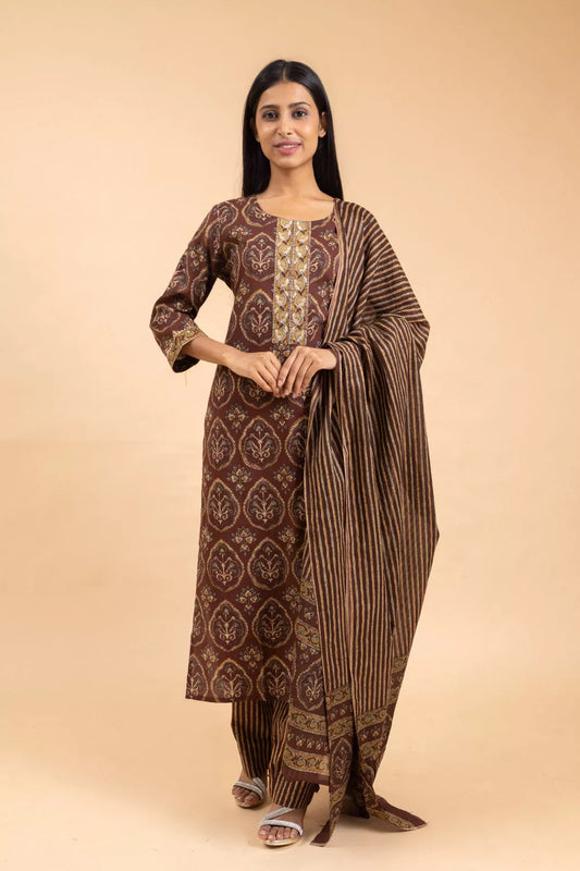 Garnet Cotton Readymade Suit And Pant With Cotton Dupatta