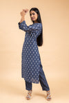 Grey Cotton Embroidered Readymade Suit With Pant