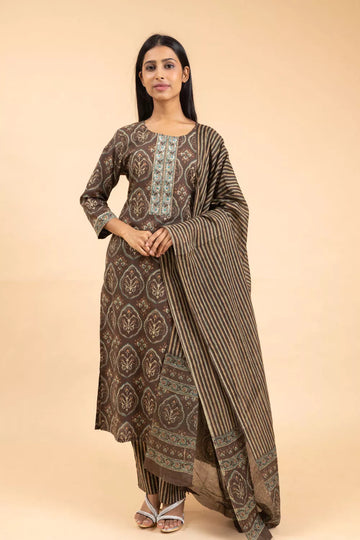 Brown Cotton Readymade Suit And Pant With Cotton Dupatta