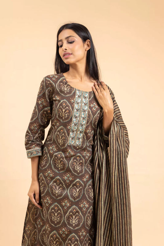 Brown Cotton Readymade Suit And Pant With Cotton Dupatta