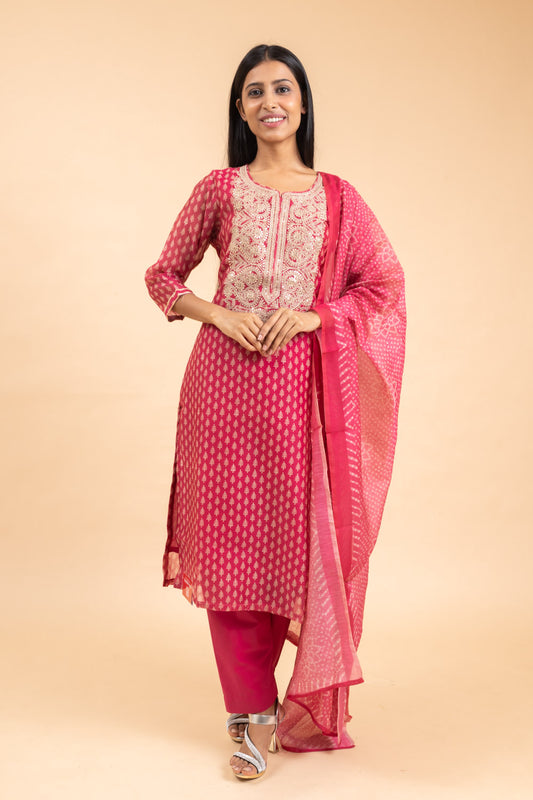 Rani Organza Readymade Suit And Pant With Chanderi Cotton Dupatta