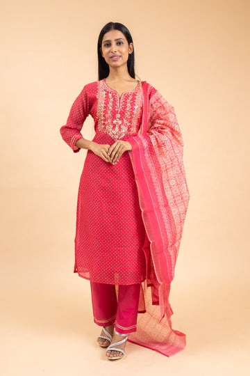 Magenta Chanderi Cotton Readymade Suit And Pant With Dupatta