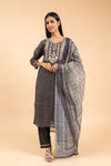 Grey Black Chanderi Cotton Readymade Suit And Pant With Dupatta