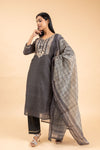 Grey Black Chanderi Cotton Readymade Suit And Pant With Dupatta