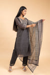 Grey Black Chanderi Cotton Readymade Suit And Pant With Dupatta