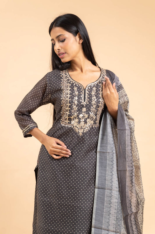 Grey Black Chanderi Cotton Readymade Suit And Pant With Dupatta