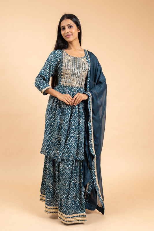 Peacock Blue Cotton Kurti And Sharara With Chiffon Dupatta