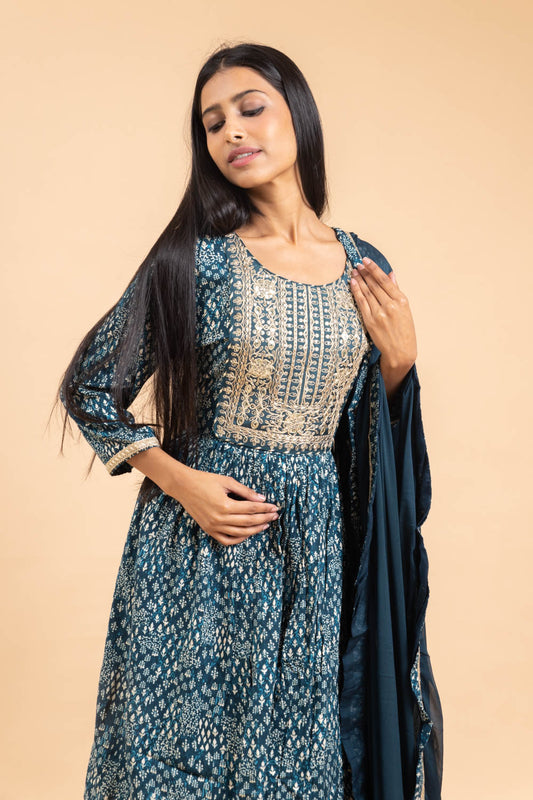 Peacock Blue Cotton Kurti And Sharara With Chiffon Dupatta