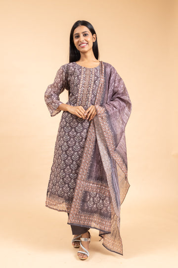 Brown Chanderi Cotton Readymade Suit And Pant With Dupatta