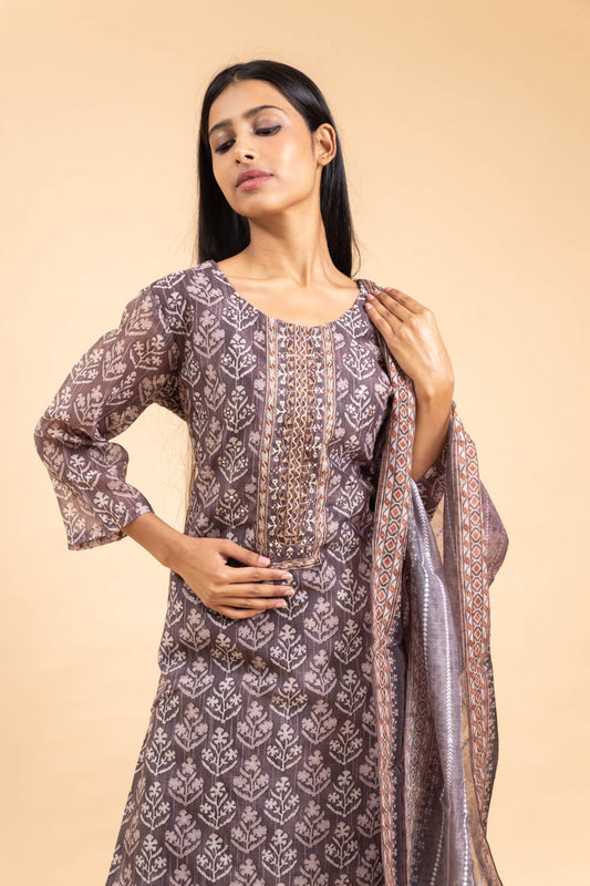 Brown Chanderi Cotton Kurti And Pant With Dupatta